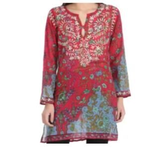 Raj Pink Silk Embroidered Floral Sheer Long Sleeve Tunic Top Small